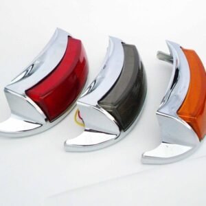 Chrome multifunctional LED tail light for Harley Davidson motorcycles with transparent, smoked, yellow, and red lens options.