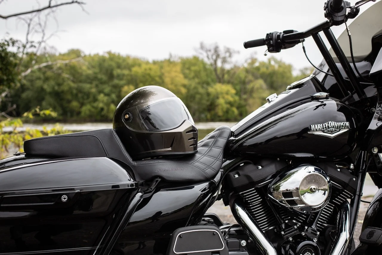 Motorcycle accessories and riding equipment on a custom Harley-Davidson motorcycle