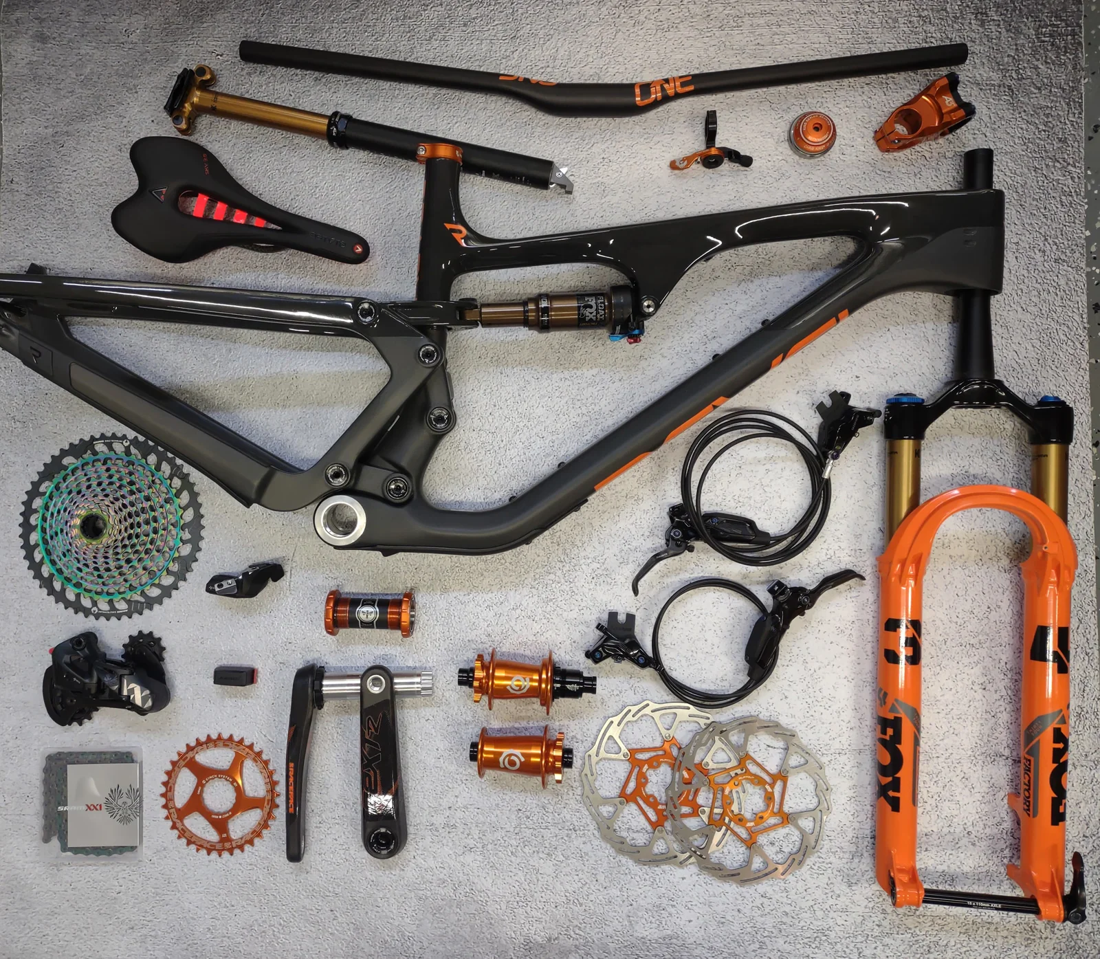 MTB bike components and spare parts including frame, suspension, drivetrain and brakes