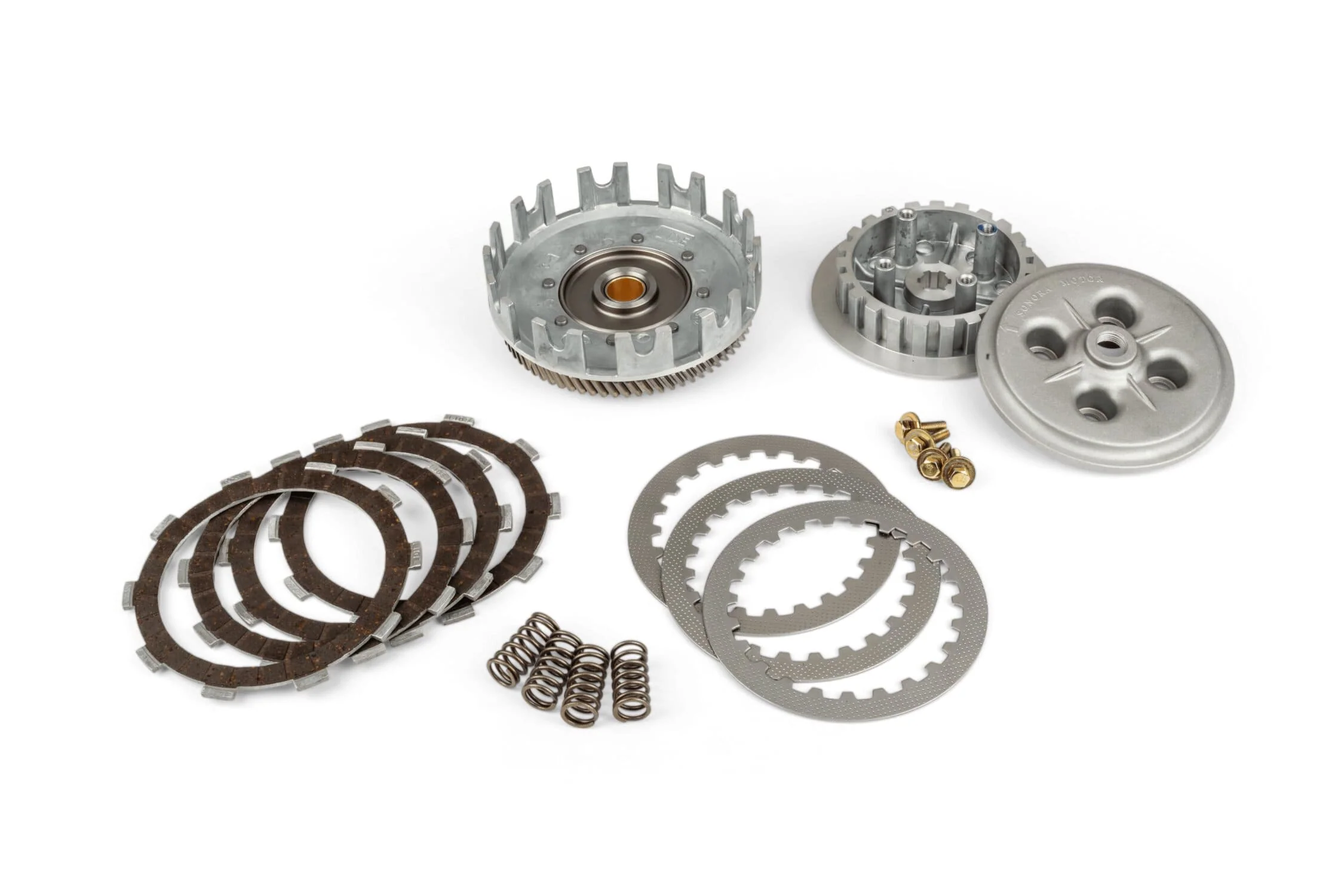 Motorcycle clutch parts manufactured for export, including clutch basket, friction plates, steel plates and springs