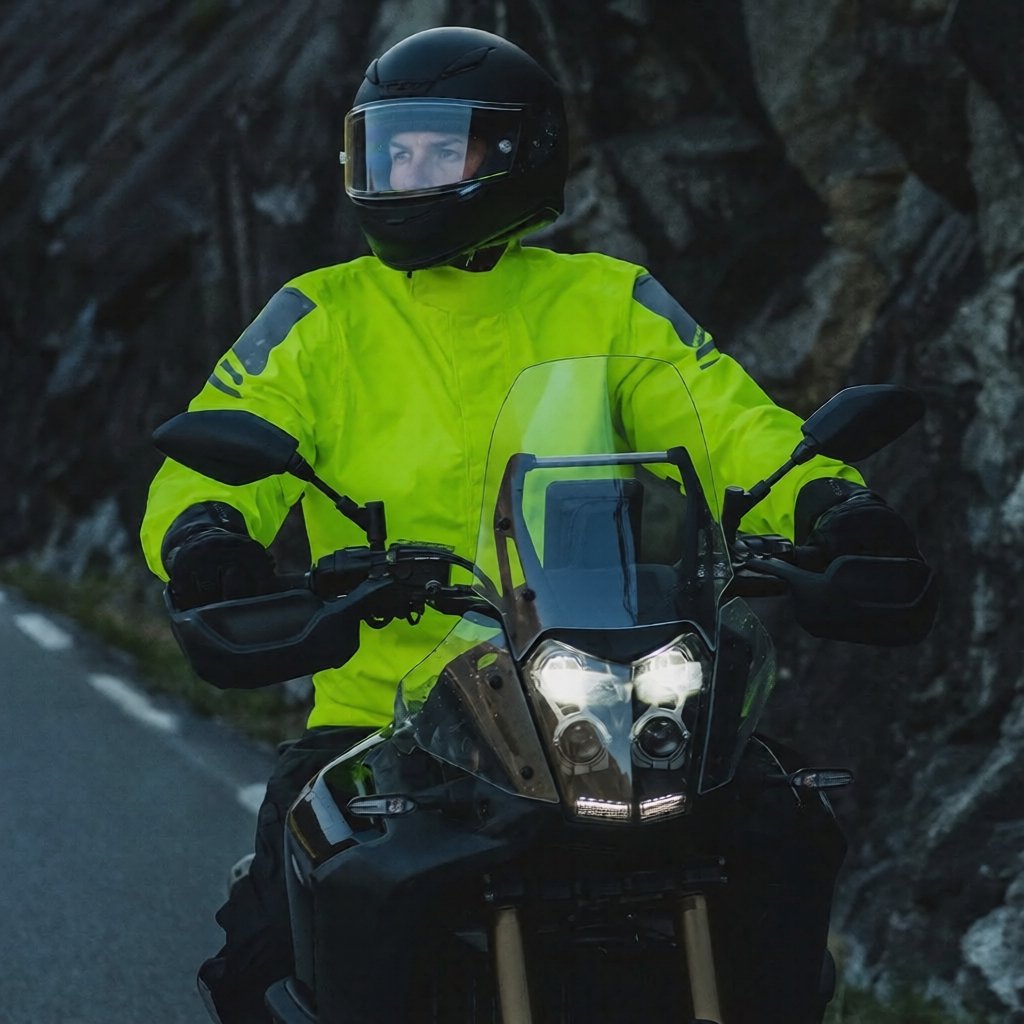 Motorcycle rain jacket worn during wet riding conditions with high-visibility design