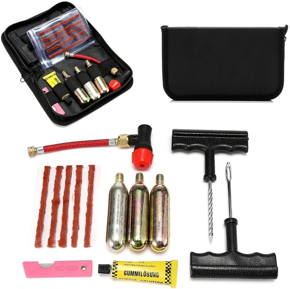 Motorcycle tyre repair tool kit with plugs and inflation accessories