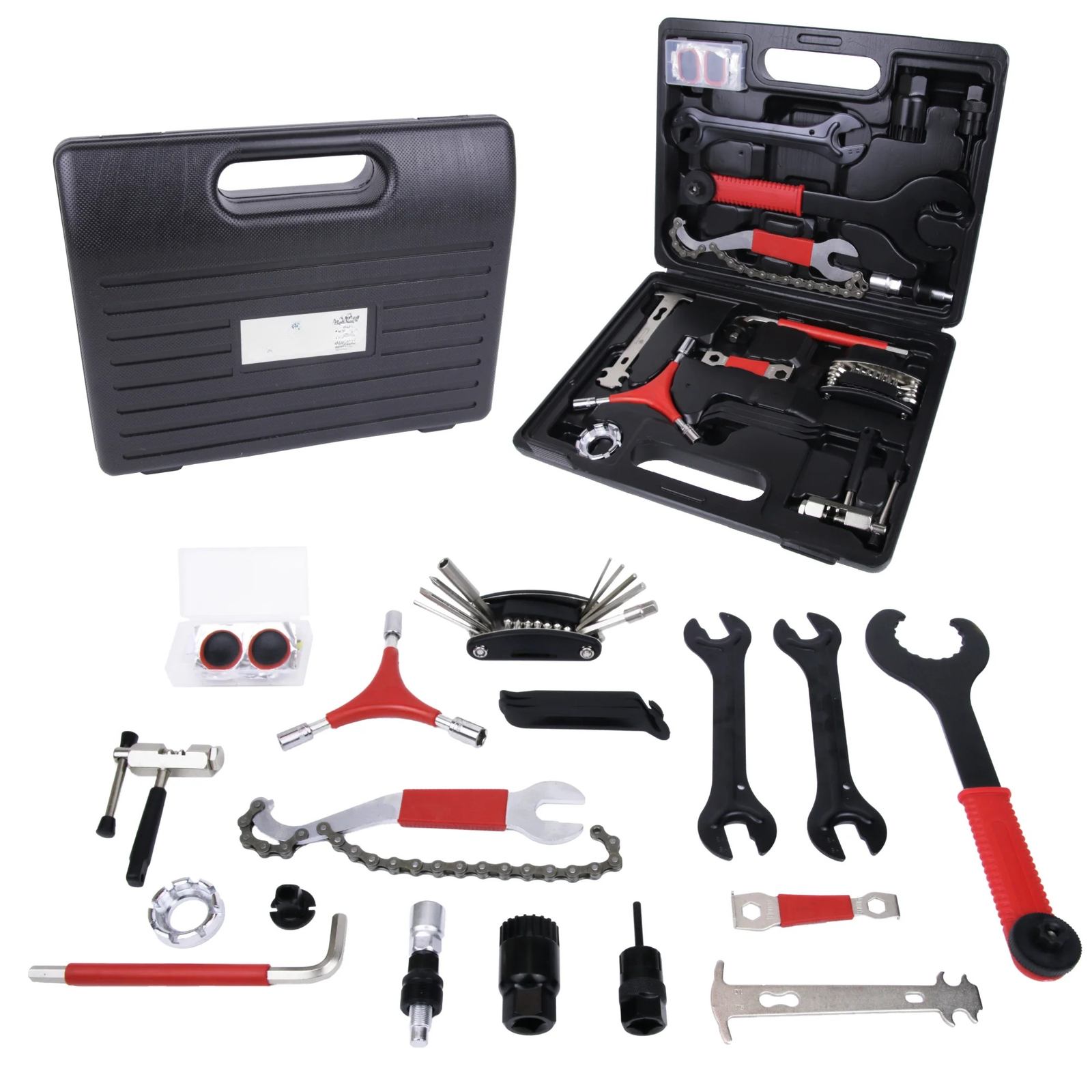 Motorcycle workshop tool kit with chain tools, wrenches and repair accessories